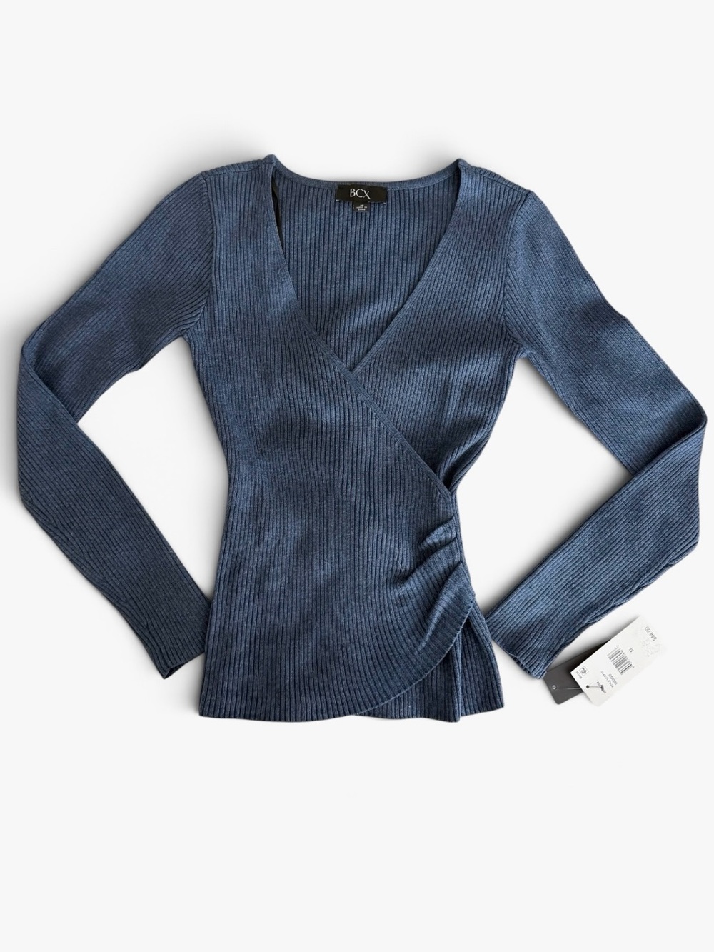 BCX Wrap-Style Ruched Sides Ribbed Knit Top in Slate Blue Size M NWT